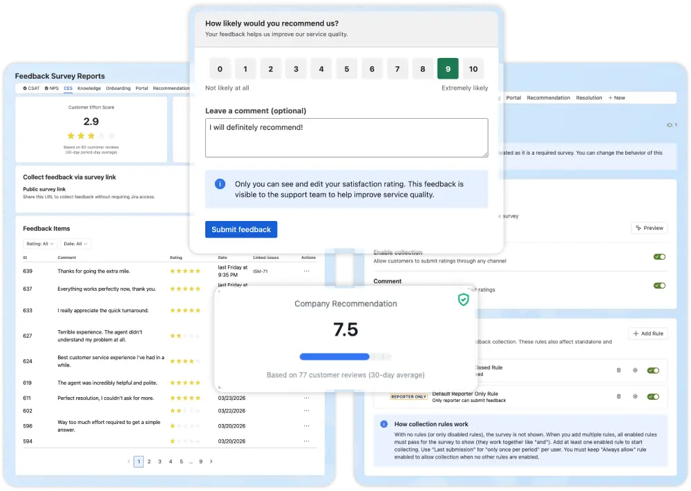 Myra product preview — feedback survey, dashboard and rules
